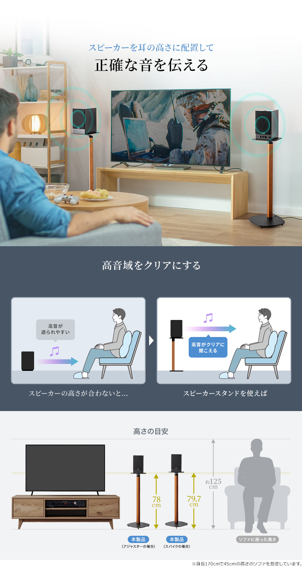 スピーカーを耳の高さに配置して 正確な音を伝える