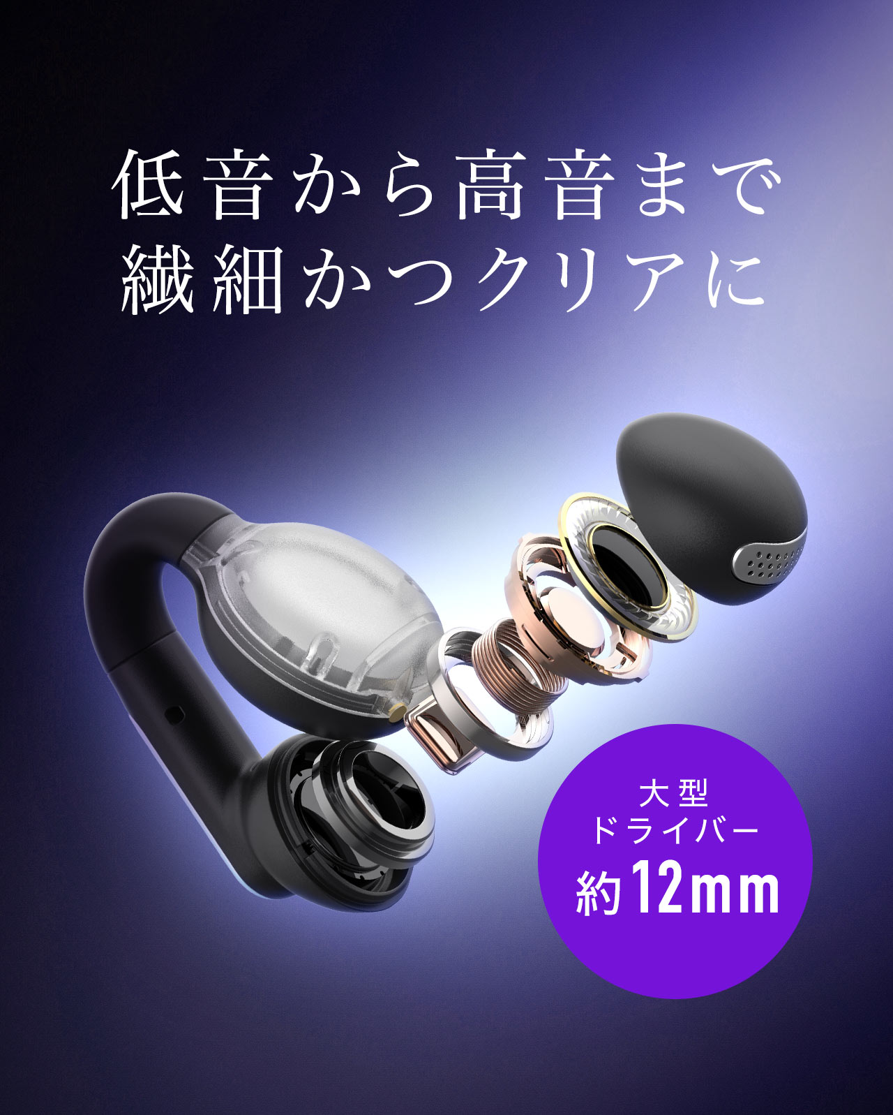 大型ドライバー約12mmで、低音から高音まで繊細かつクリアに。