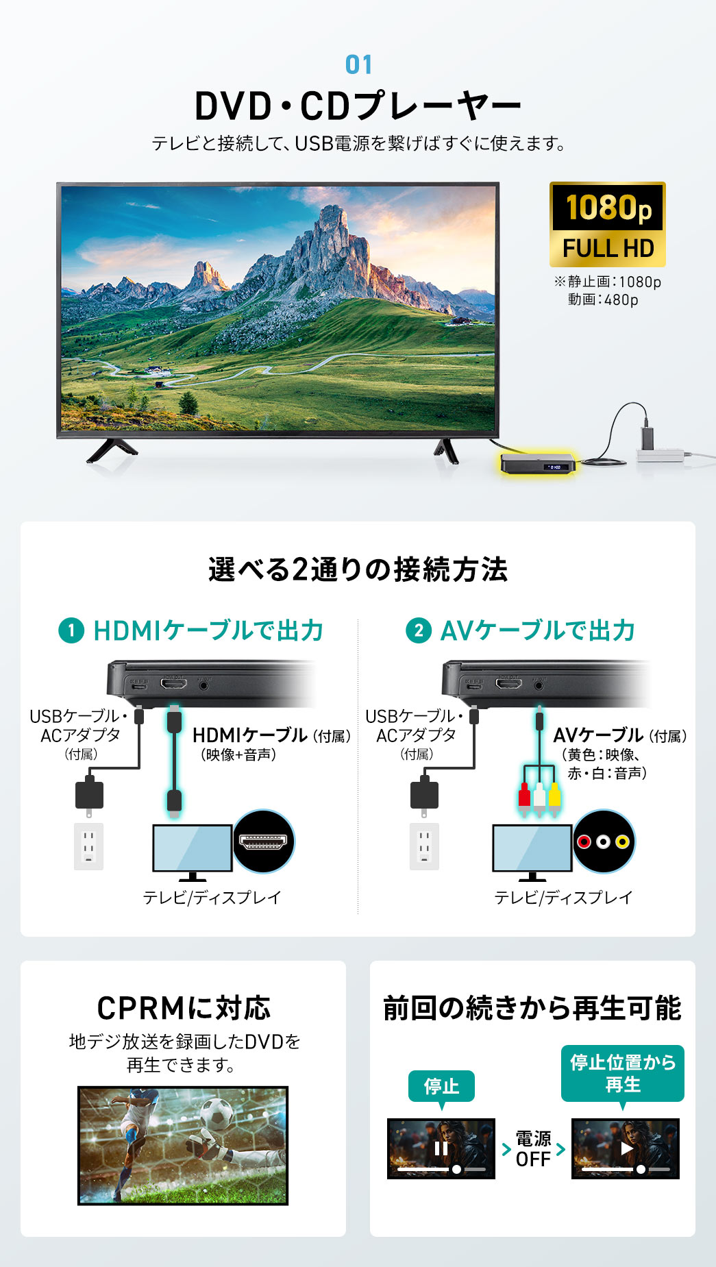 1、DVD・CDプレーヤーとして使用でき、テレビと接続して、USB電源を繋げばすぐに使える1080p対応のFULL HDです。※静止画、1080p、動画、480p。HDMIケーブルまたはAVケーブルの2通りの接続方法が選べ、CPRMに対応で、地デジ放送を録画したDVDを再生でき、前回の続きから再生可能です。※著作権保護管理されたファイルは再生できません。