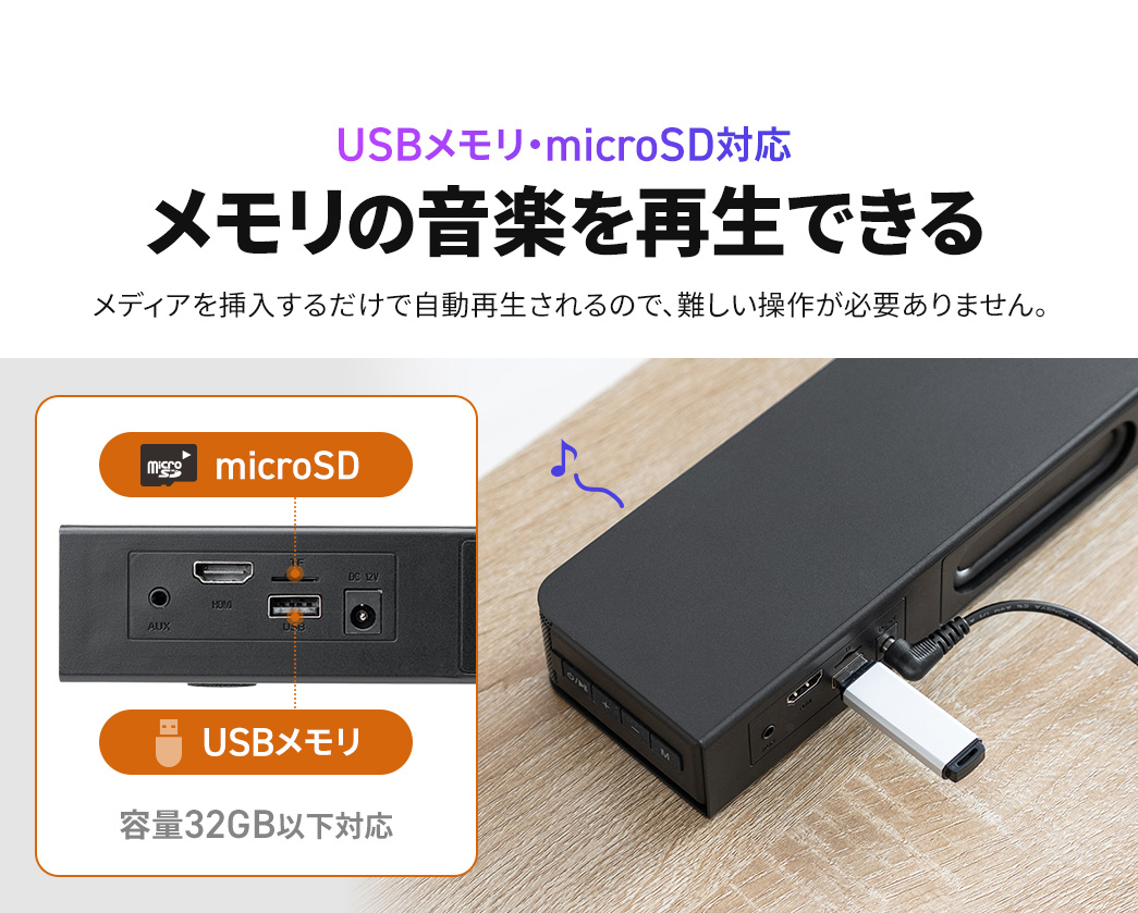 USBメモリ・microSD対応でメディアを挿入するだけで自動再生されるので、難しい操作が必要ないです。