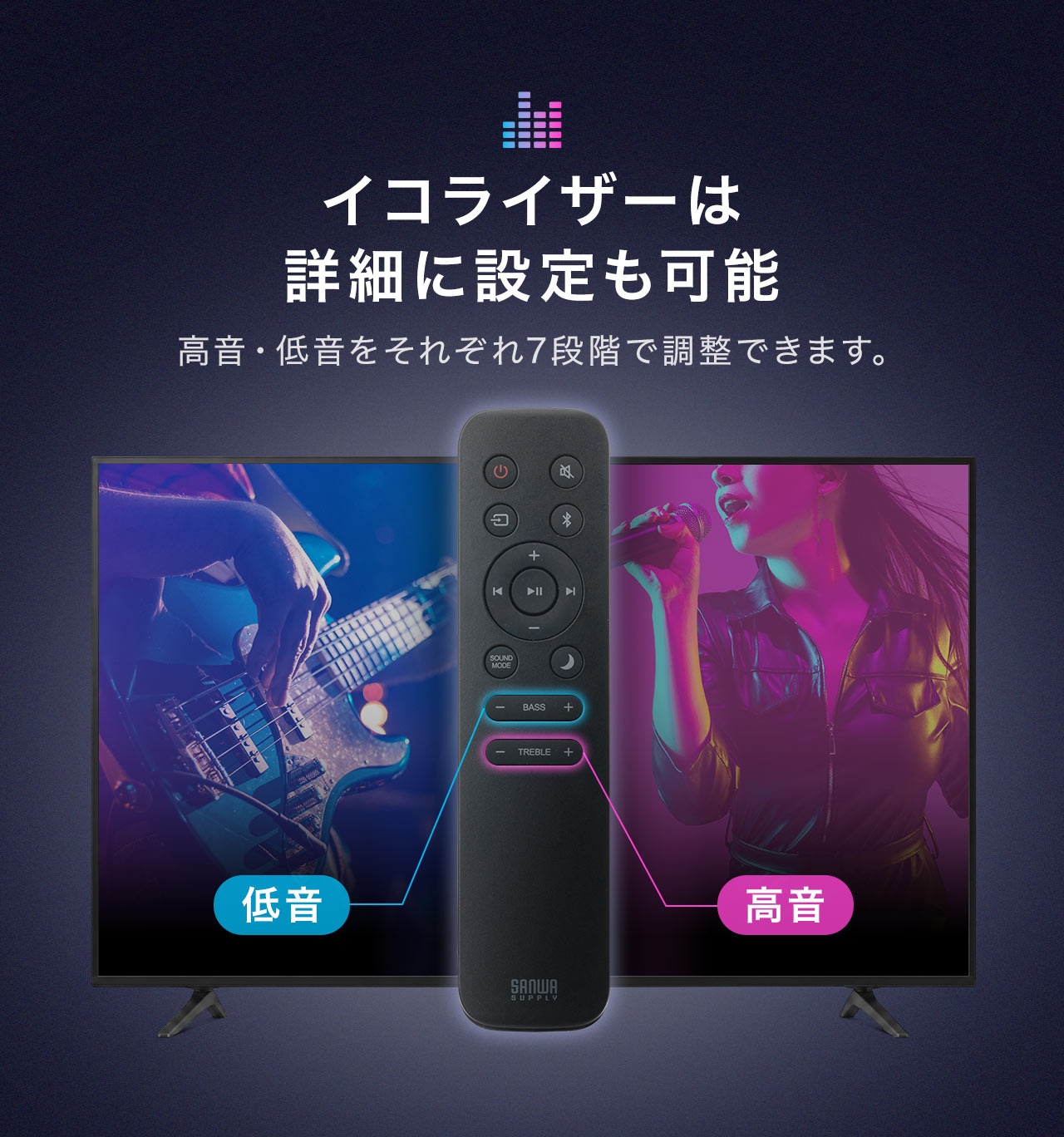 イコライザーは詳細に設定も可能で、高音・低音をそれぞれ7段階で調整できます。