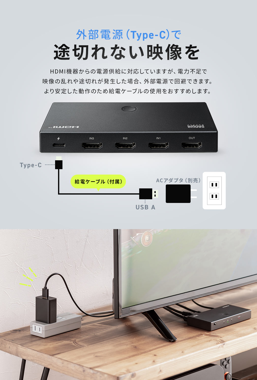 外部電源(Type-C)で途切れない映像を。HDMI機器からの電源供給に対応していますが、電力不足で 映像の乱れや途切れが発生した場合、外部電源で回避できます。 より安定した動作のため給電ケーブルの使用をおすすめします。