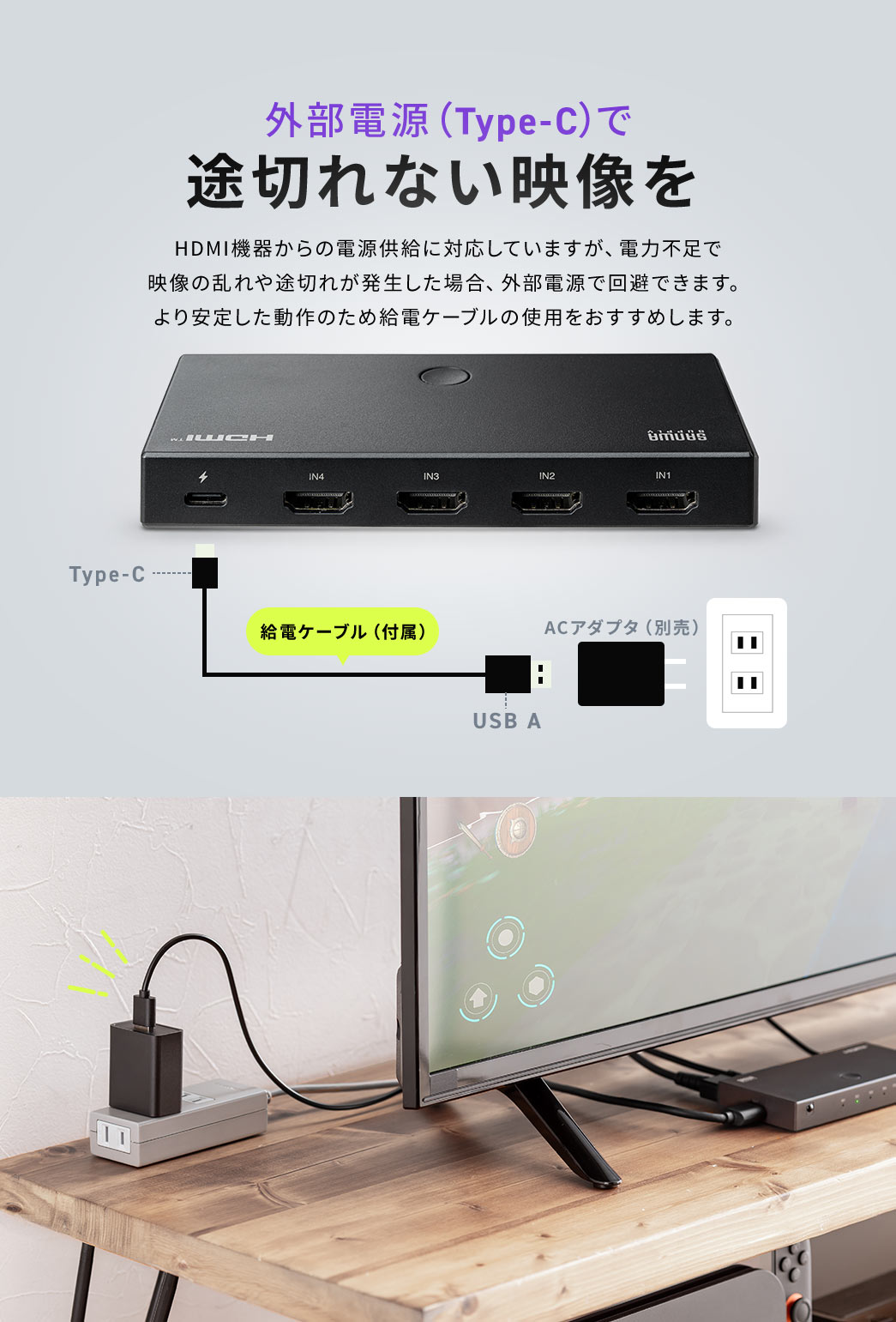 外部電源（Type-C）で途切れない映像を。HDMI機器からの電源供給に対応していますが、電力不足で 映像の乱れや途切れが発生した場合、外部電源で回避できます。 より安定した動作のため給電ケーブルの使用をおすすめします。