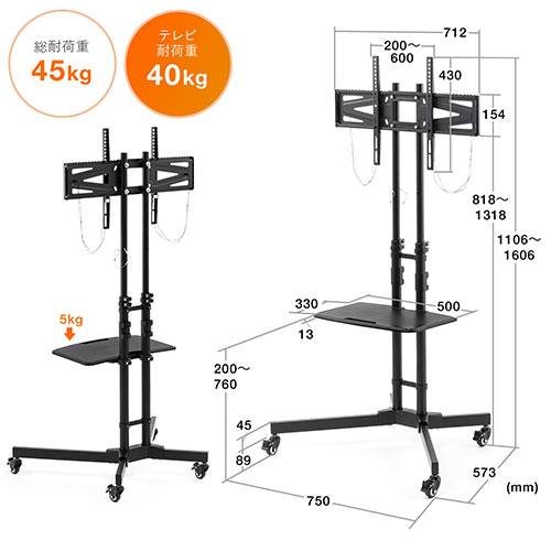 液晶テレビスタンド ストッパーキャスター付 32～65型対応 棚板付き/YK-PL008【テレビアクセサリー市場】