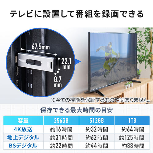 スティック型SSD 2TB USB3.2 Gen2 テレビ録画 PS5/PS4/Xbox Series X 外部ストレージ スライド式  ブラック/YK-USSD2TBBK【テレビアクセサリー市場】