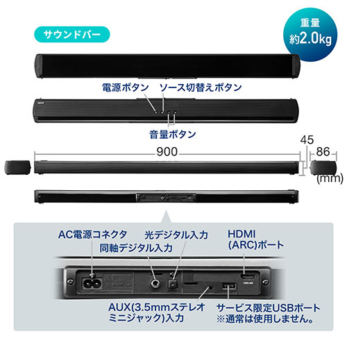 2.1ch サウンドバースピーカー ワイヤレスサブウーファー付き