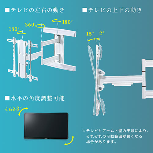 激安通販サイト テレビ壁掛け金具 アームタイプ 角度調整 左右首振り ホワイト テレビ