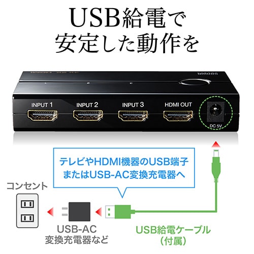 HDMIセレクター(4K対応・3入力1出力・リモコン付・PS4対応・自動