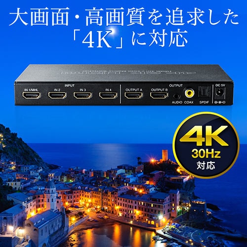 HDMIマトリックス切替器(4K/30Hz対応・4入力2出力・リモコン付き・光 