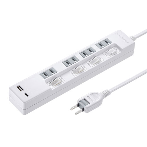 【アウトレット】USB充電機能付きタップ Type-C搭載(2P・4個口・2m)