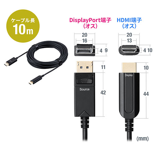 DisplayPort-HDMI変換ケーブル 光ファイバー 10m 4K/60Hz AOC ブラック
