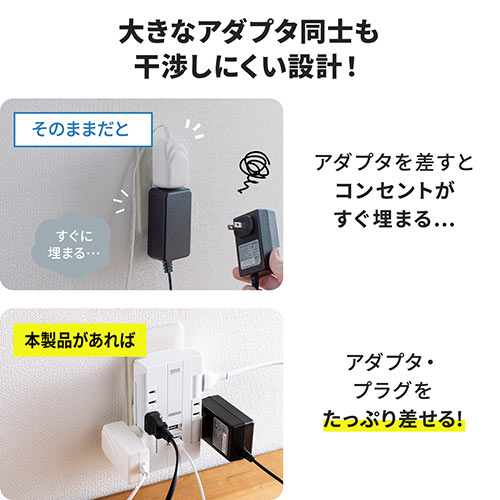 電源タップ 6個口 回転式 2P USB2ポート付 iPhone/iPad/スマホ