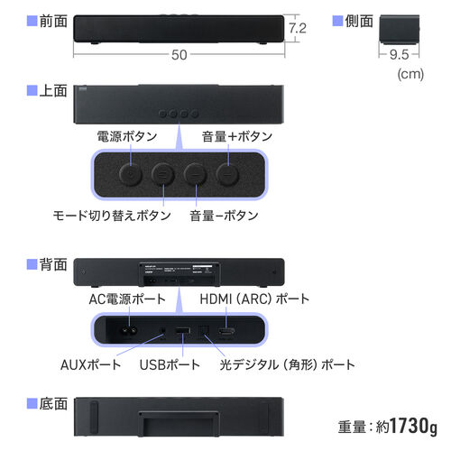 サウンドバー コンパクト HDMI ARC接続 Bluetooth 光デジタル リモコン