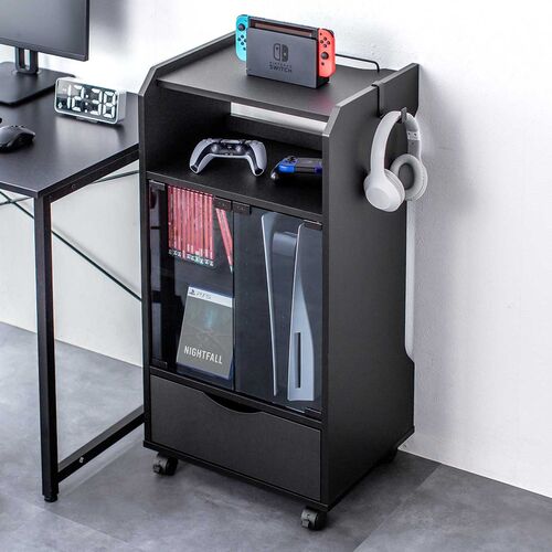 ゲーム機収納ラック ガラス扉 可動棚×3枚 キャスター付き ブラック/200