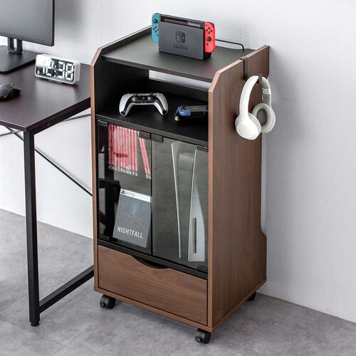 ゲーム機収納ラック ガラス扉 可動棚×3枚 キャスター付き 木目ブラウン