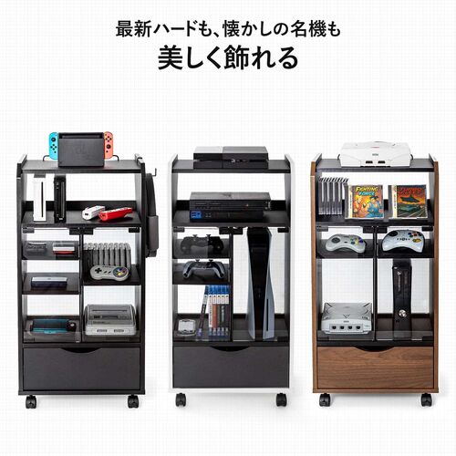 National ガラス扉ラック 昭和レトロ 家電台 キャスター付 収納棚 ゲーム機収納ラック ガラス扉 可動棚×3枚 キャスター付き 木目ブラウン