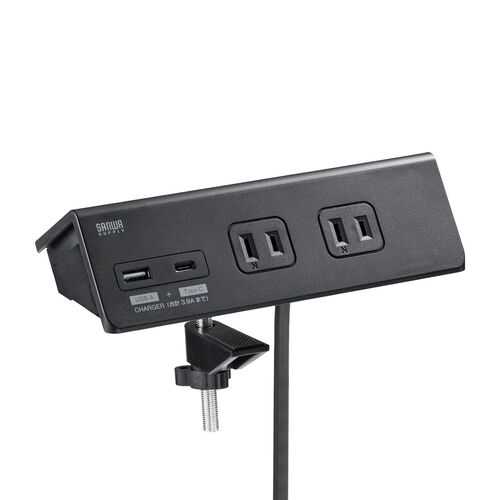 クランプ固定式 電源タップ 4個口 3m USB-C×1 USB-A×1 一括集中スイッチつき ブラック