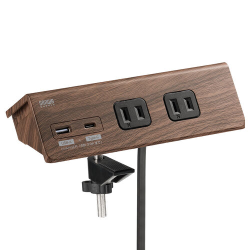 クランプ固定式 電源タップ 4個口 3m USB-C×1 USB-A×1 一括集中スイッチつき ブラウン