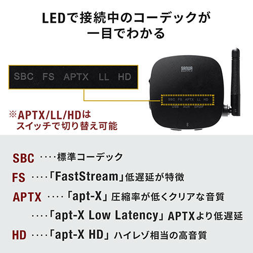 サンワダイレクト Bluetoothオーディオトランスミッター レシーバー apt-X LL/FastStream 低遅延 apt-X