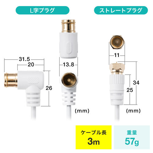 極細アンテナケーブル 3m ホワイト 4K/8K対応 S2.5C 片側L字 アンテナ