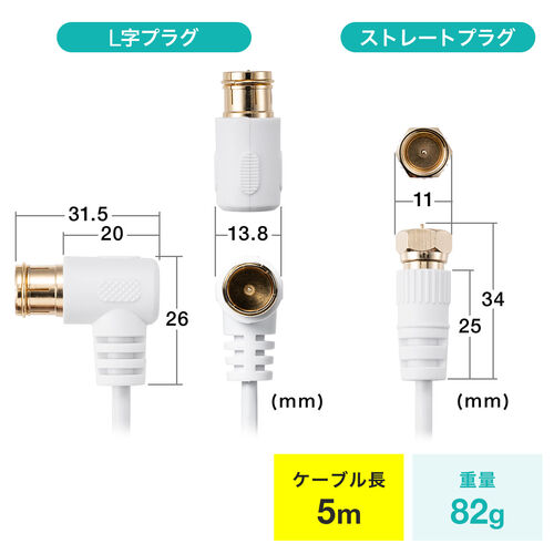 アンテナケーブル 極細 4K対応 8K対応 S2.5C 片側L字 ねじ式 アンテナ