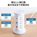【アウトレット】タワー型電源タップ 12個口 USB A USB Type-C 電源コード2m ホワイト