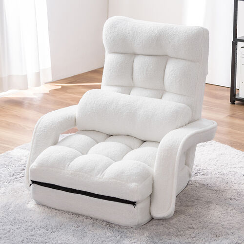 【アウトレット】ダブルクッション座椅子 ボア生地タイプ 肘掛け付き 14段階リクライニング ホワイト