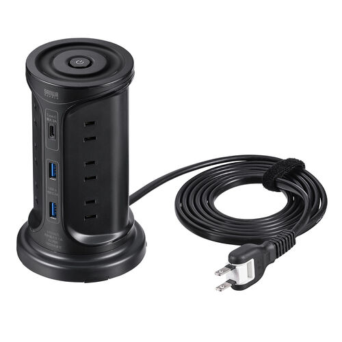 【アウトレット】タワー型電源タップ 12個口 USB A USB Type-C 電源コード2m ブラック