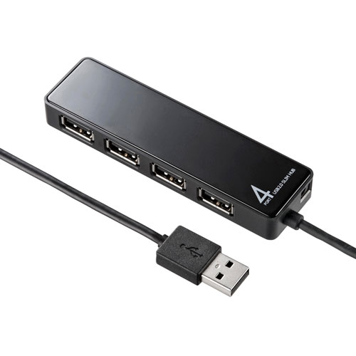 HDD接続対応 USBハブ 固定用面ファスナー付き USB2.0 USB A 4ポート ブラック